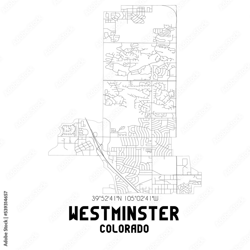 Westminster Colorado. US street map with black and white lines.