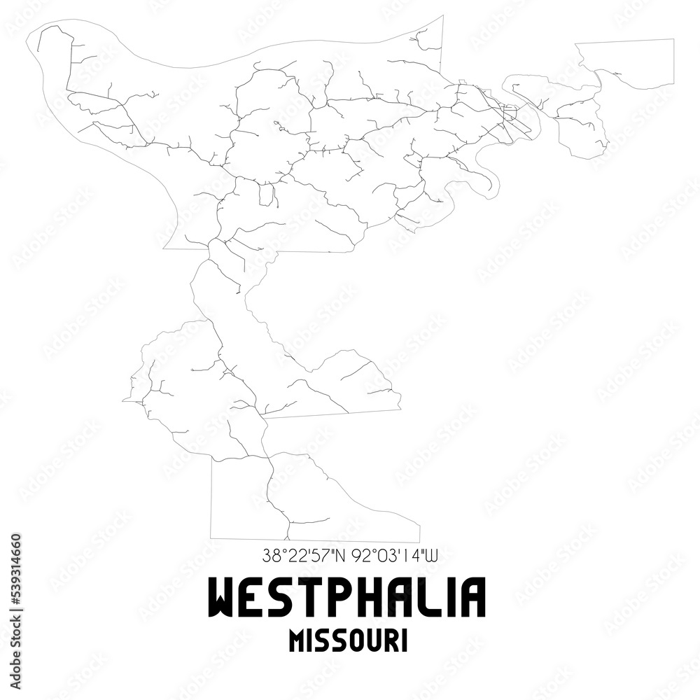 Westphalia Missouri. US street map with black and white lines.