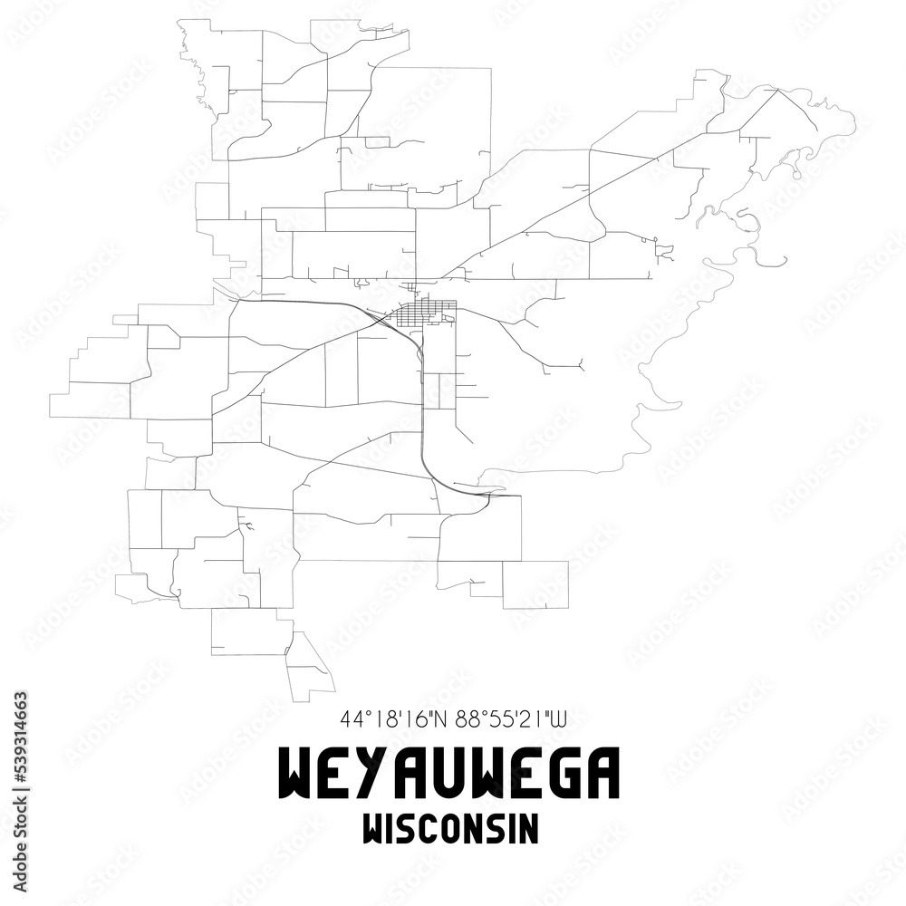 Weyauwega Wisconsin. US street map with black and white lines.