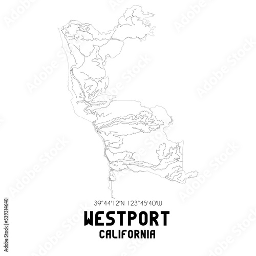 Westport California. US street map with black and white lines.