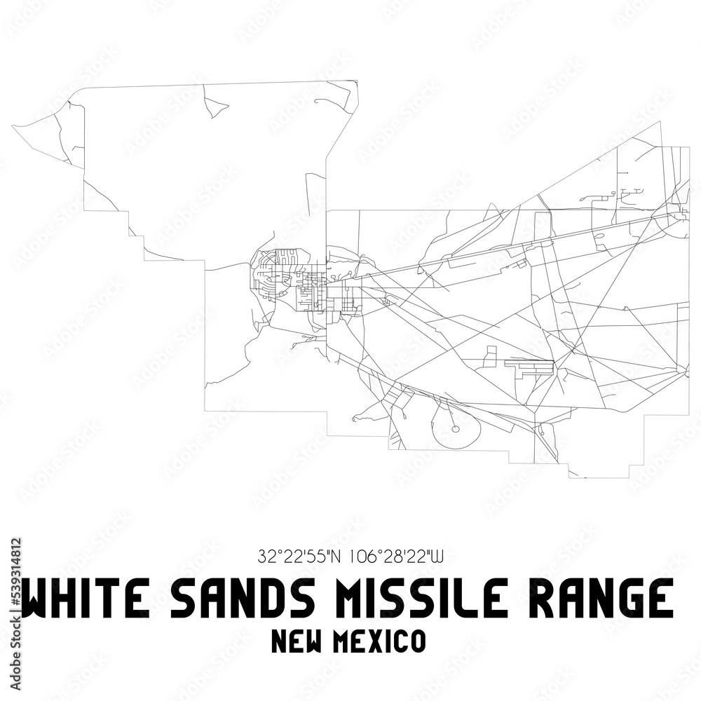 White Sands Missile Range New Mexico. US street map with black and white lines.