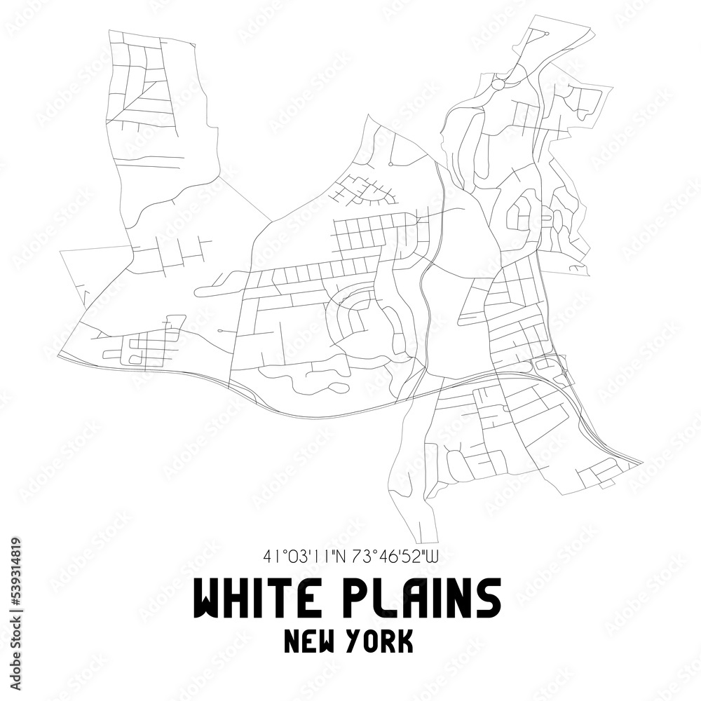 White Plains New York. US street map with black and white lines.