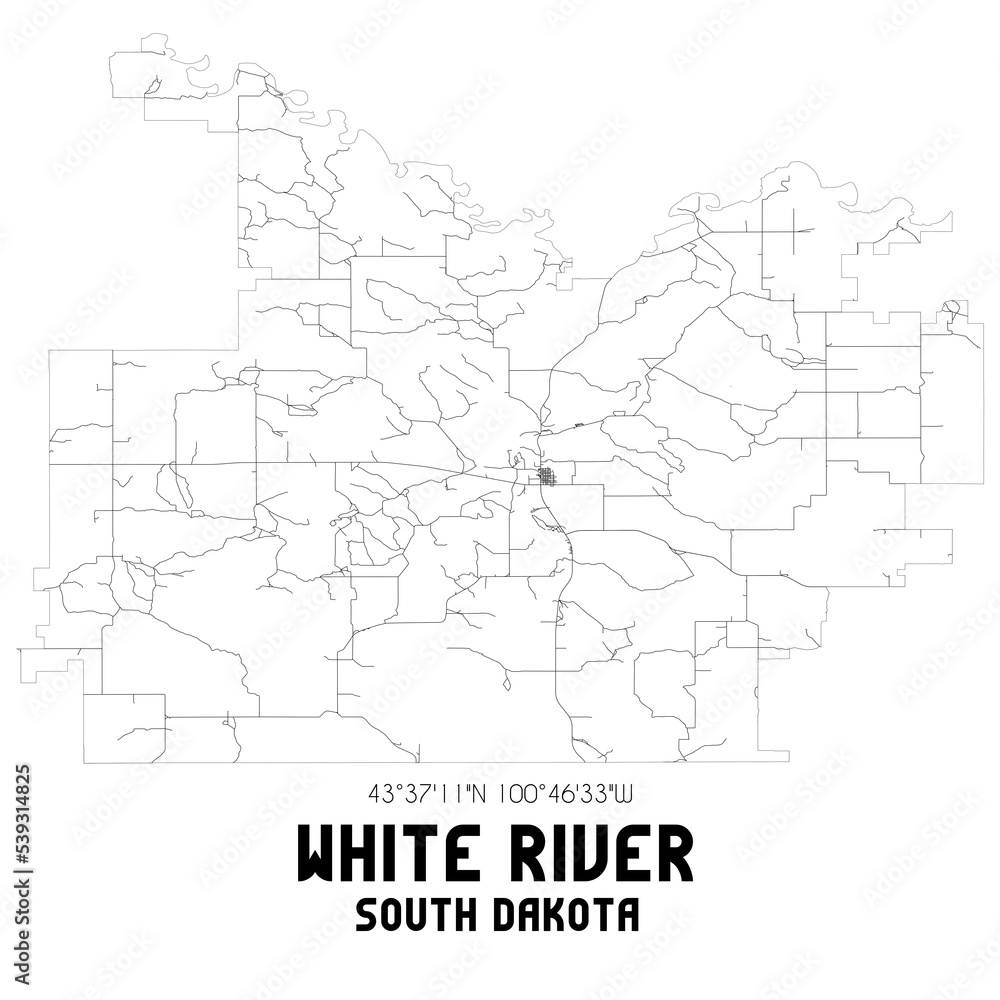 White River South Dakota. US street map with black and white lines.