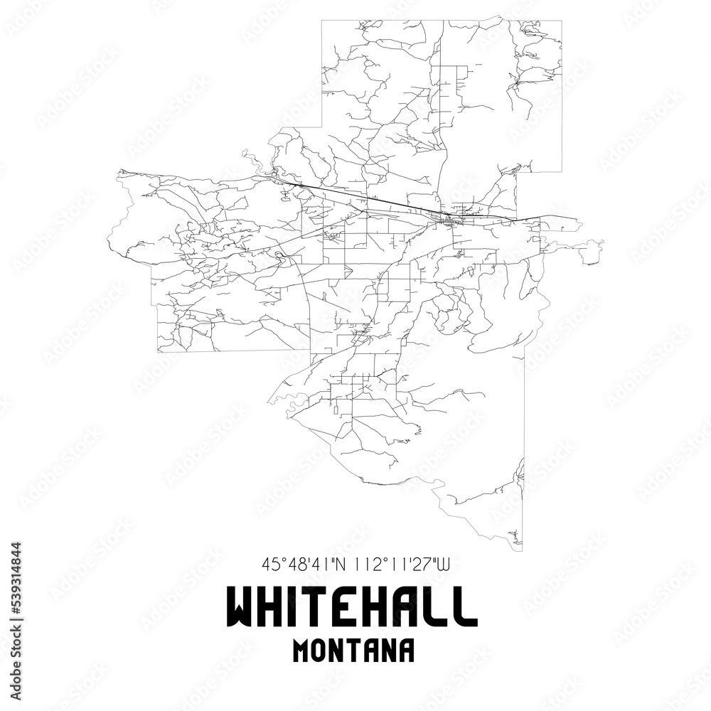 Whitehall Montana. US street map with black and white lines.
