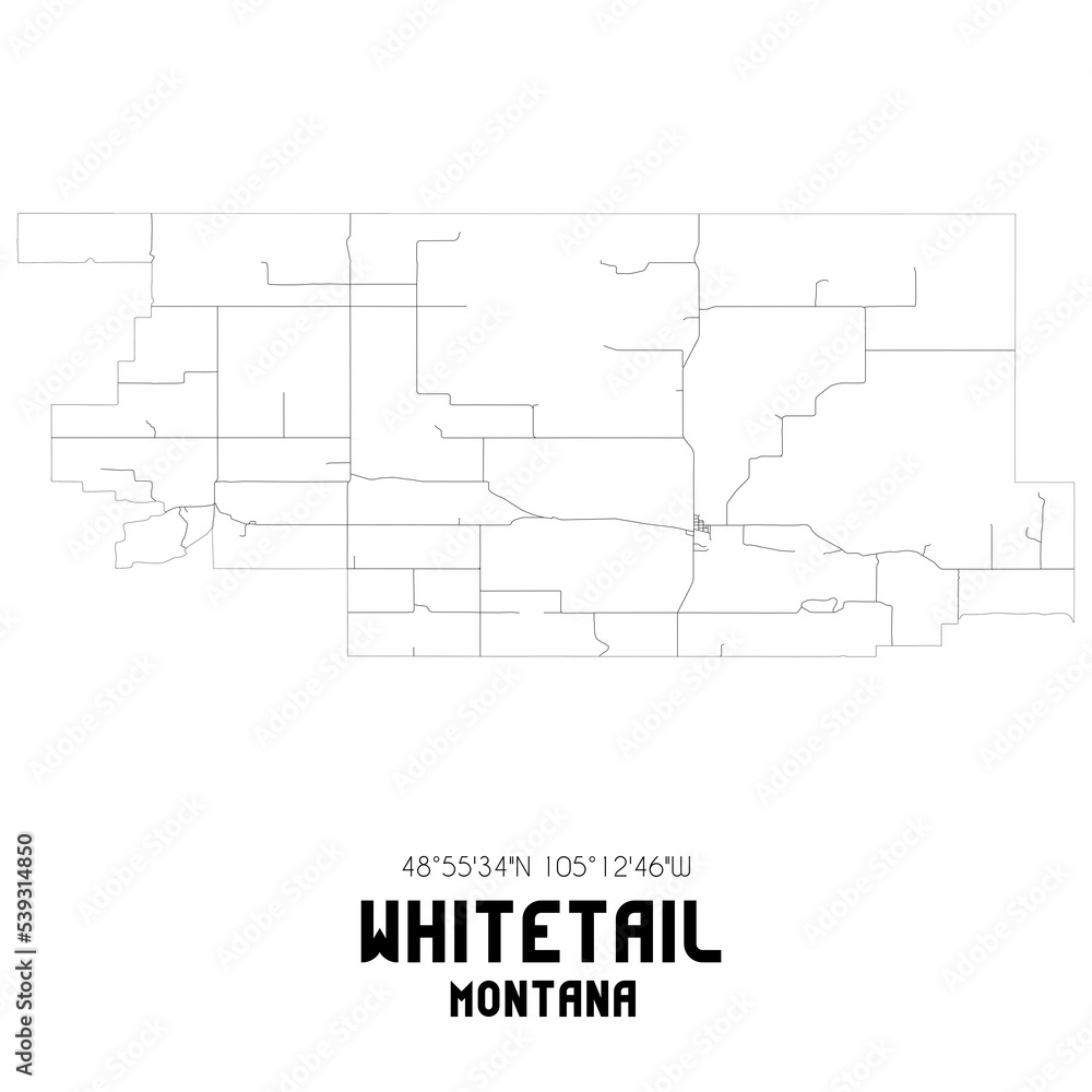 Whitetail Montana. US street map with black and white lines.