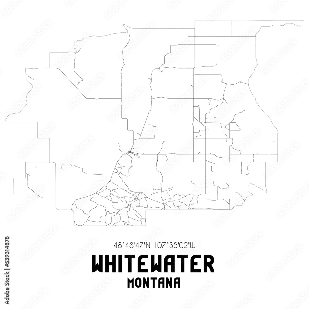 Whitewater Montana. US street map with black and white lines. Whitewater Montana. US street map with black and white lines.