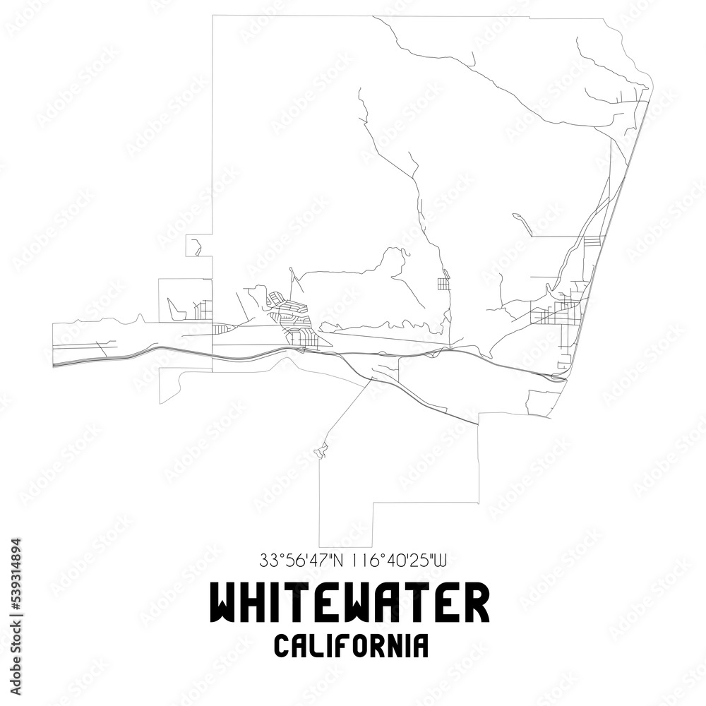 Whitewater California. US street map with black and white lines.