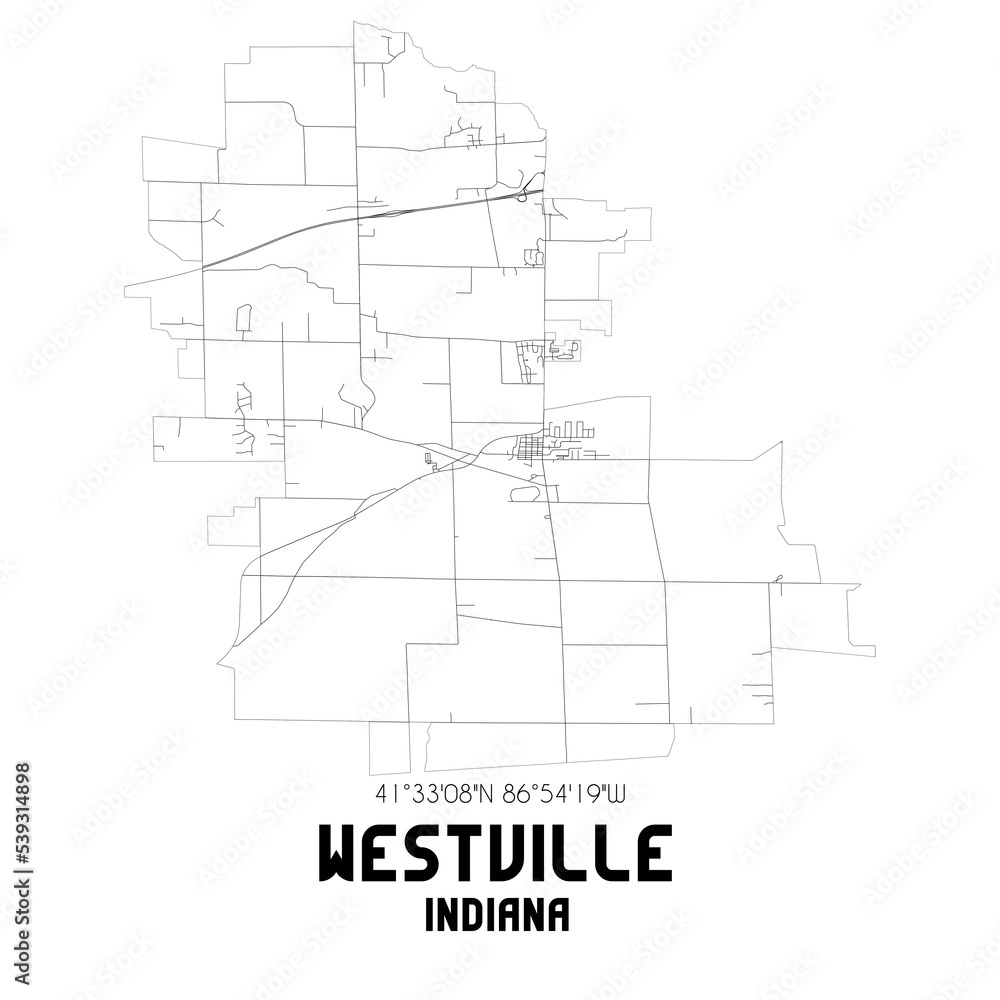 Westville Indiana. US street map with black and white lines.