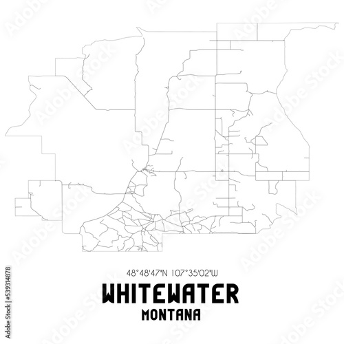 Whitewater Montana. US street map with black and white lines.