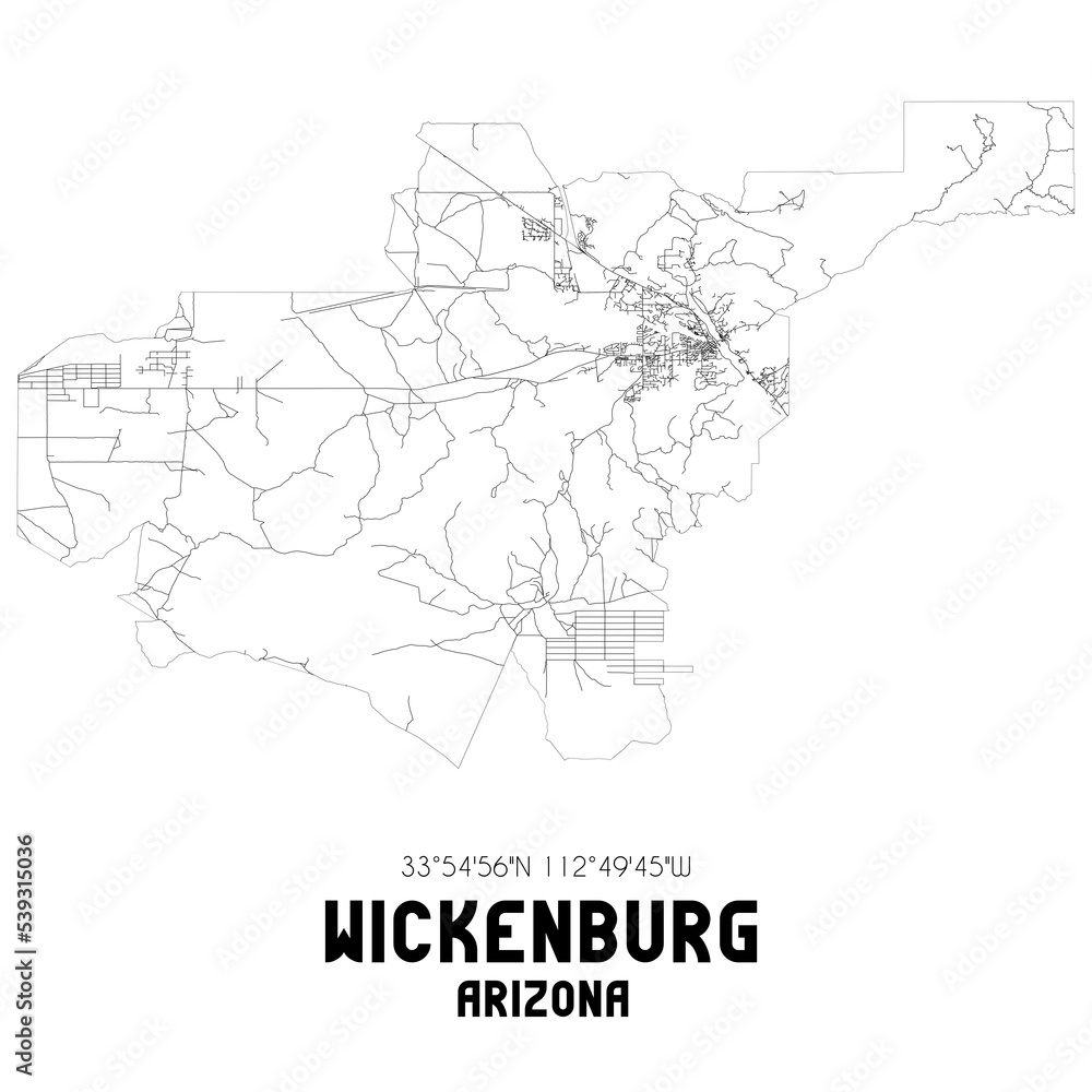 Wickenburg Arizona. US street map with black and white lines.