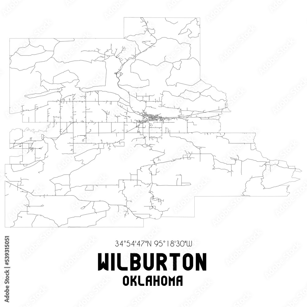 Wilburton Oklahoma. US street map with black and white lines.