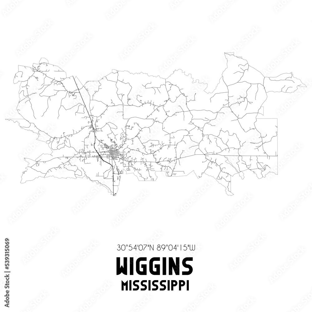 Wiggins Mississippi. US street map with black and white lines.