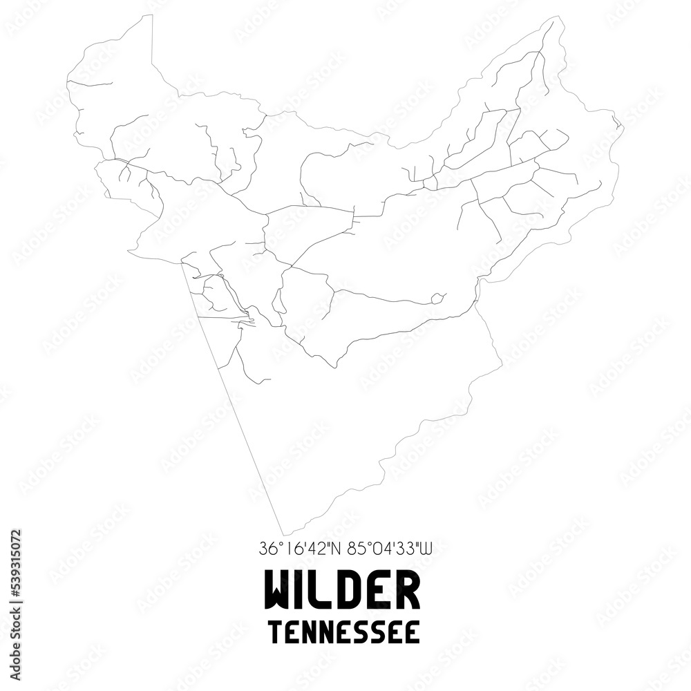 Wilder Tennessee. US street map with black and white lines.