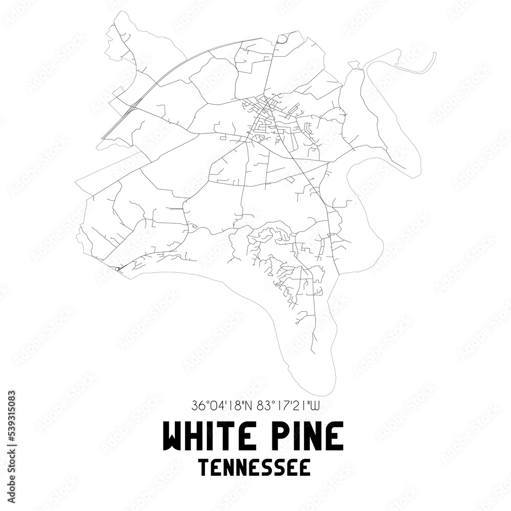 White Pine Tennessee. US street map with black and white lines.