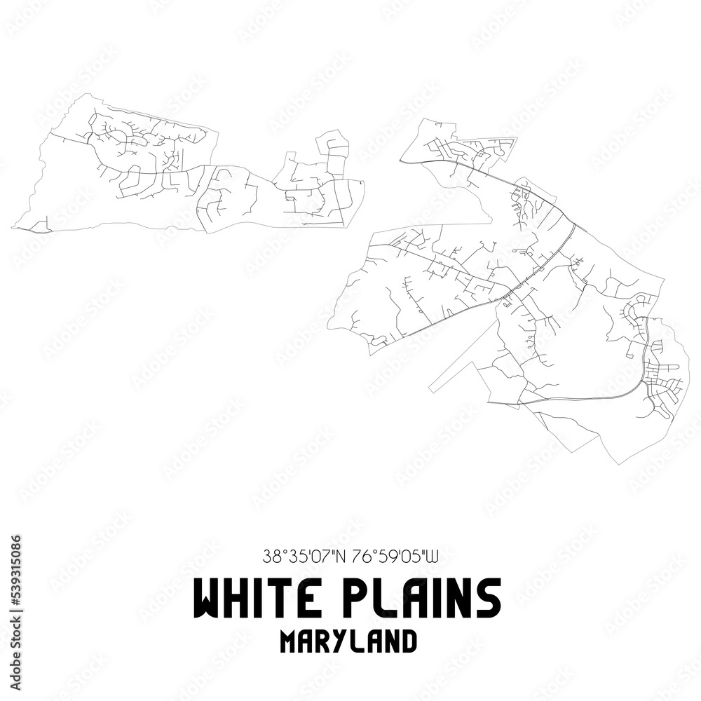 White Plains Maryland. US street map with black and white lines.