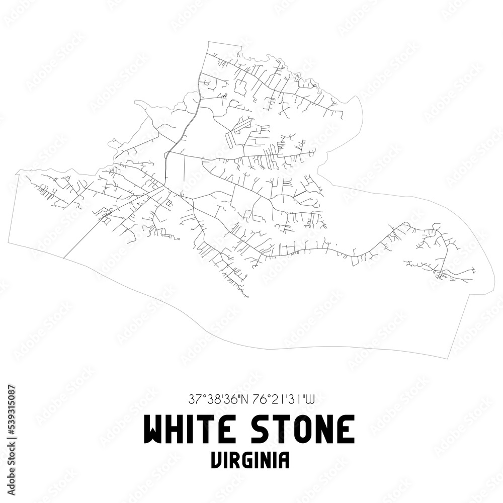 White Stone Virginia. US street map with black and white lines.