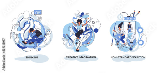 Creative thinking. People with different mental mindset types or model creative. Imaginative logical and structural thinking. MBTI person metaphor. Non standart solution. Brain think people solve idea