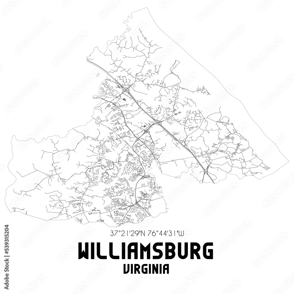 Williamsburg Virginia. US street map with black and white lines. Stock