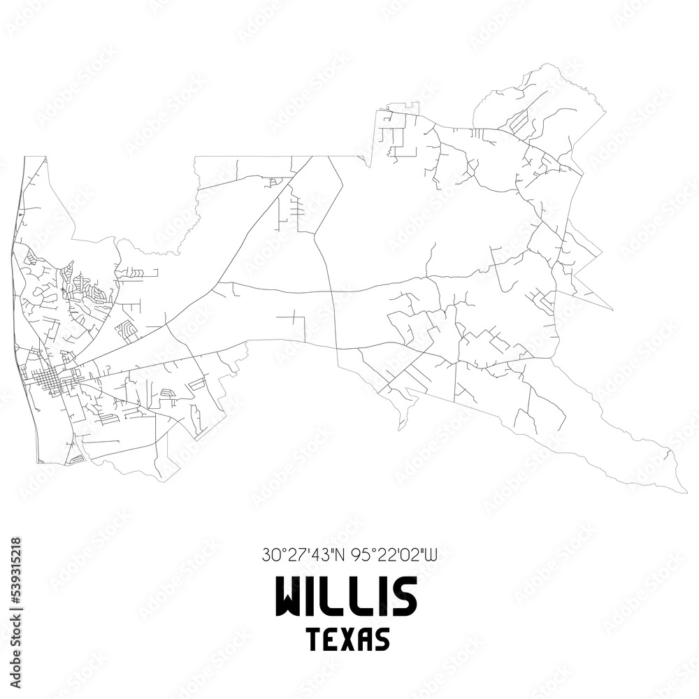 Willis Texas. US street map with black and white lines.