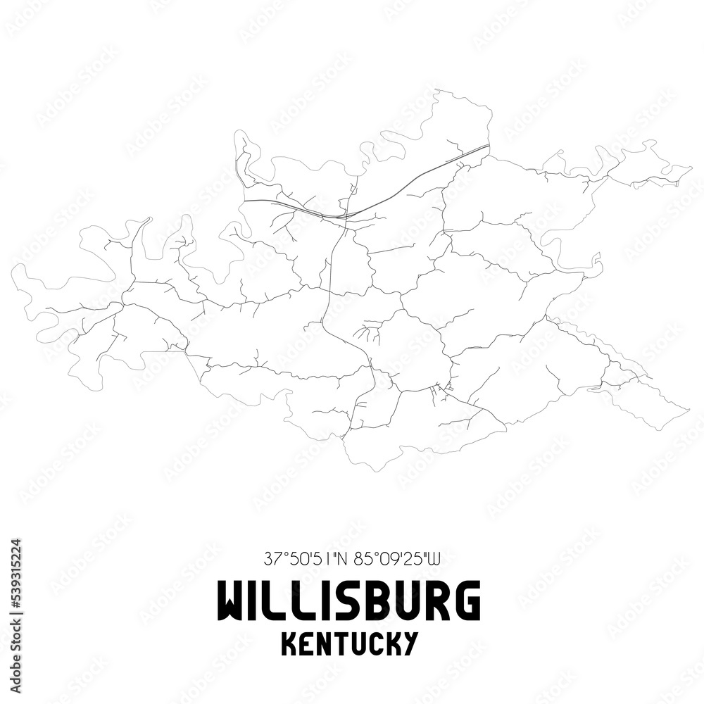 Willisburg Kentucky. US street map with black and white lines.
