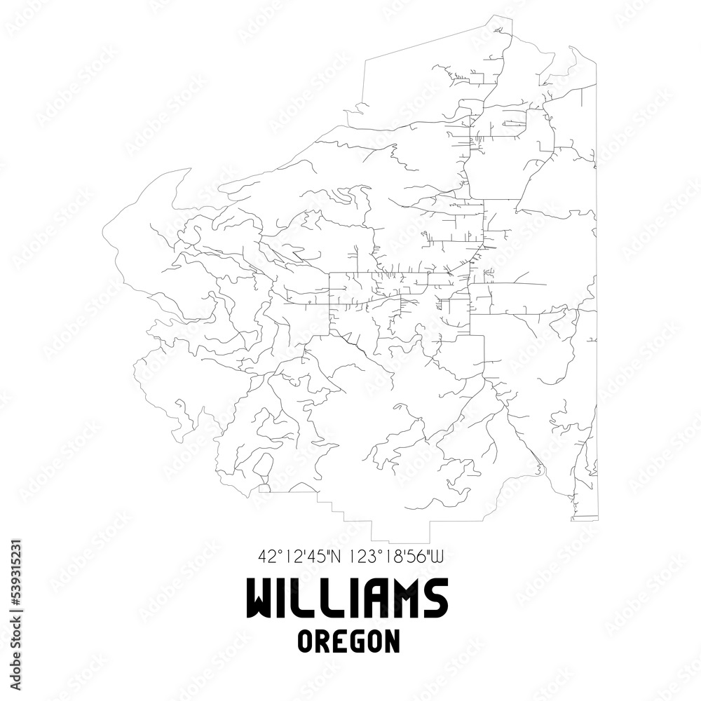 Williams Oregon. US street map with black and white lines.