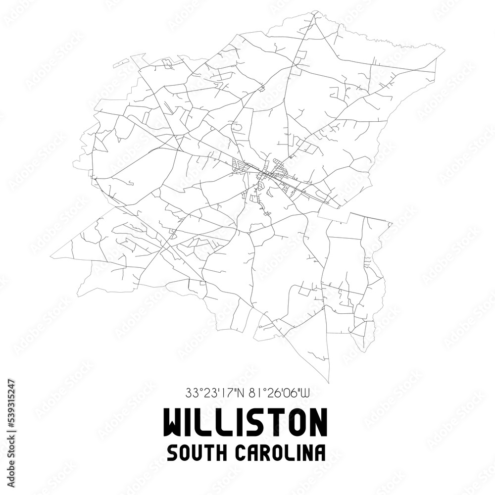 Williston South Carolina. US street map with black and white lines. Williston South Carolina. US street map with black and white lines.