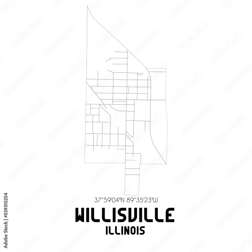 Willisville Illinois. US street map with black and white lines.
