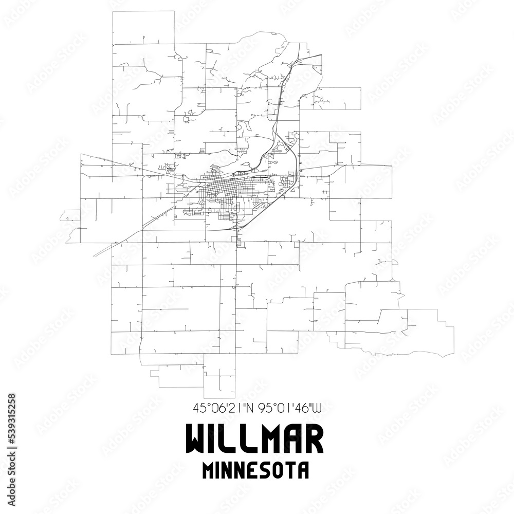 Willmar Minnesota. US street map with black and white lines.