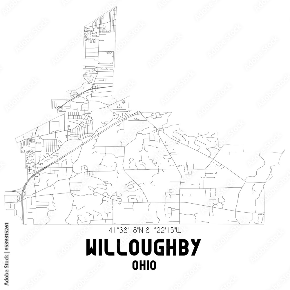 Willoughby Ohio. US street map with black and white lines.