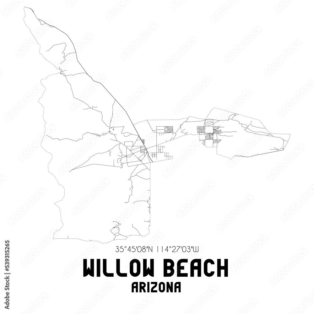 Willow Beach Arizona. US street map with black and white lines.