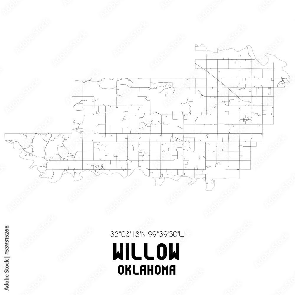 Willow Oklahoma. US street map with black and white lines.