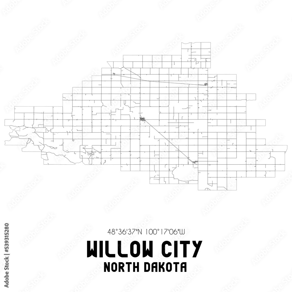 Willow City North Dakota. US street map with black and white lines