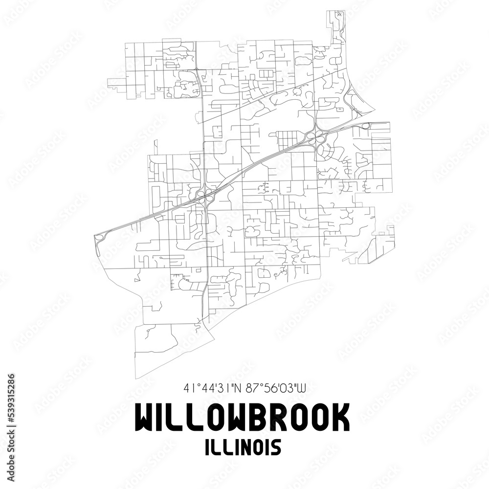 Willowbrook Illinois. US street map with black and white lines.
