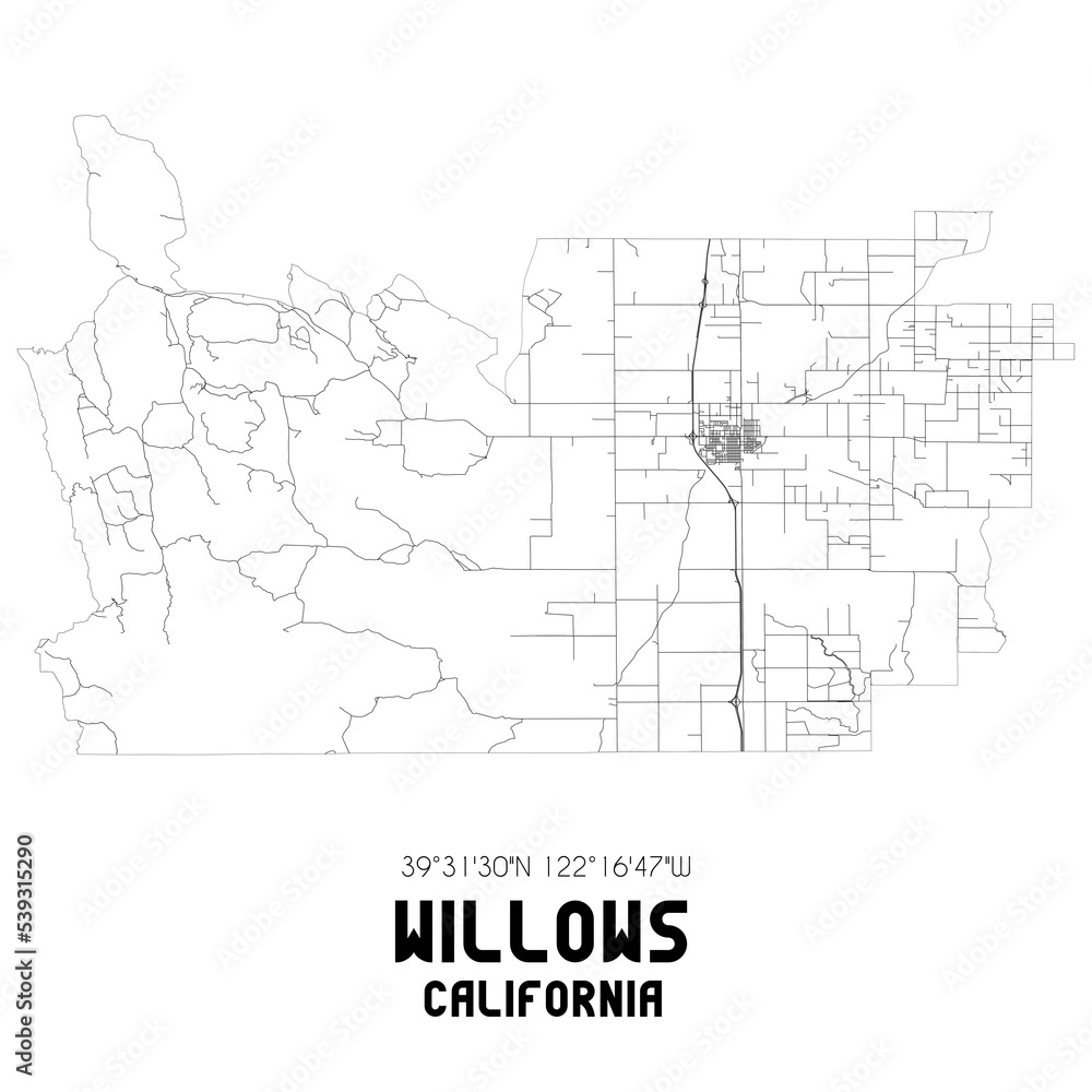 Willows California. US street map with black and white lines.