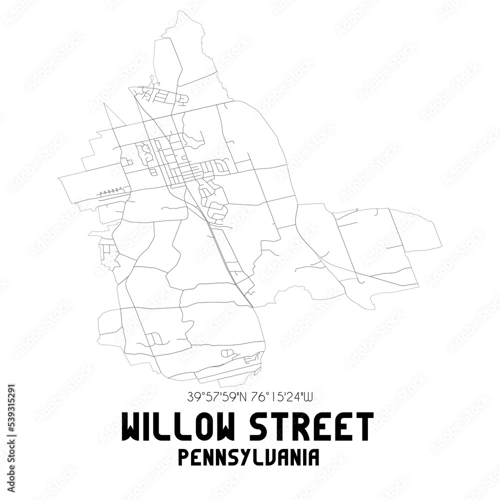 Willow Street Pennsylvania. US street map with black and white lines.