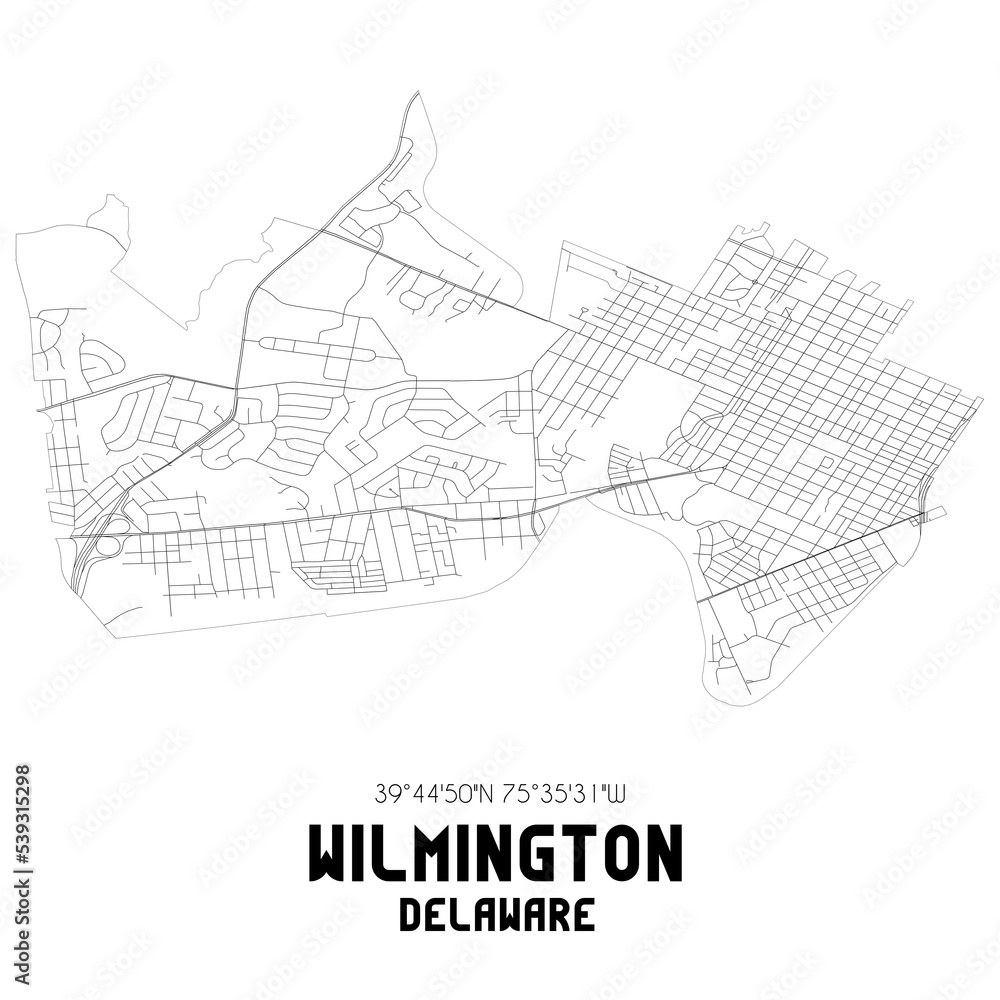 Wilmington Delaware. US street map with black and white lines.