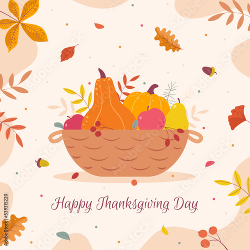 Thanksgiving day. Banner, greeting card of the Autumn harvest festival with a basket of pumpkins, apples, berries and leaves. Cute flat vector illustration.