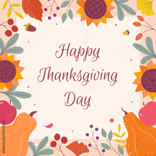 Thanksgiving day. Banner, greeting card of the autumn harvest festival with leaves, pumpkins, sunflowers, apples, berries and floral elements.