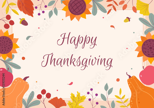 Thanksgiving day. Banner, greeting card of the autumn harvest festival with leaves, pumpkins, sunflowers, apples, berries and floral elements.