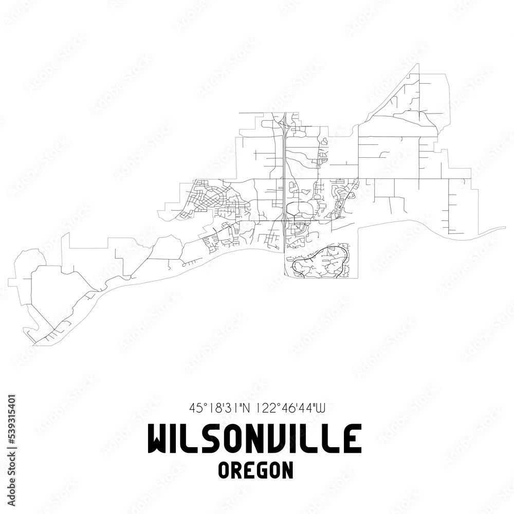 Wilsonville Oregon. US street map with black and white lines.