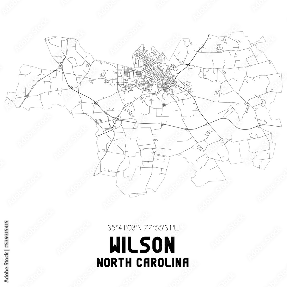 Wilson North Carolina. US street map with black and white lines.
