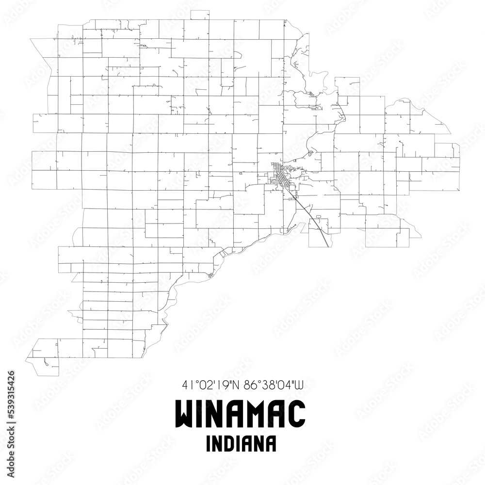 Winamac Indiana. US street map with black and white lines.