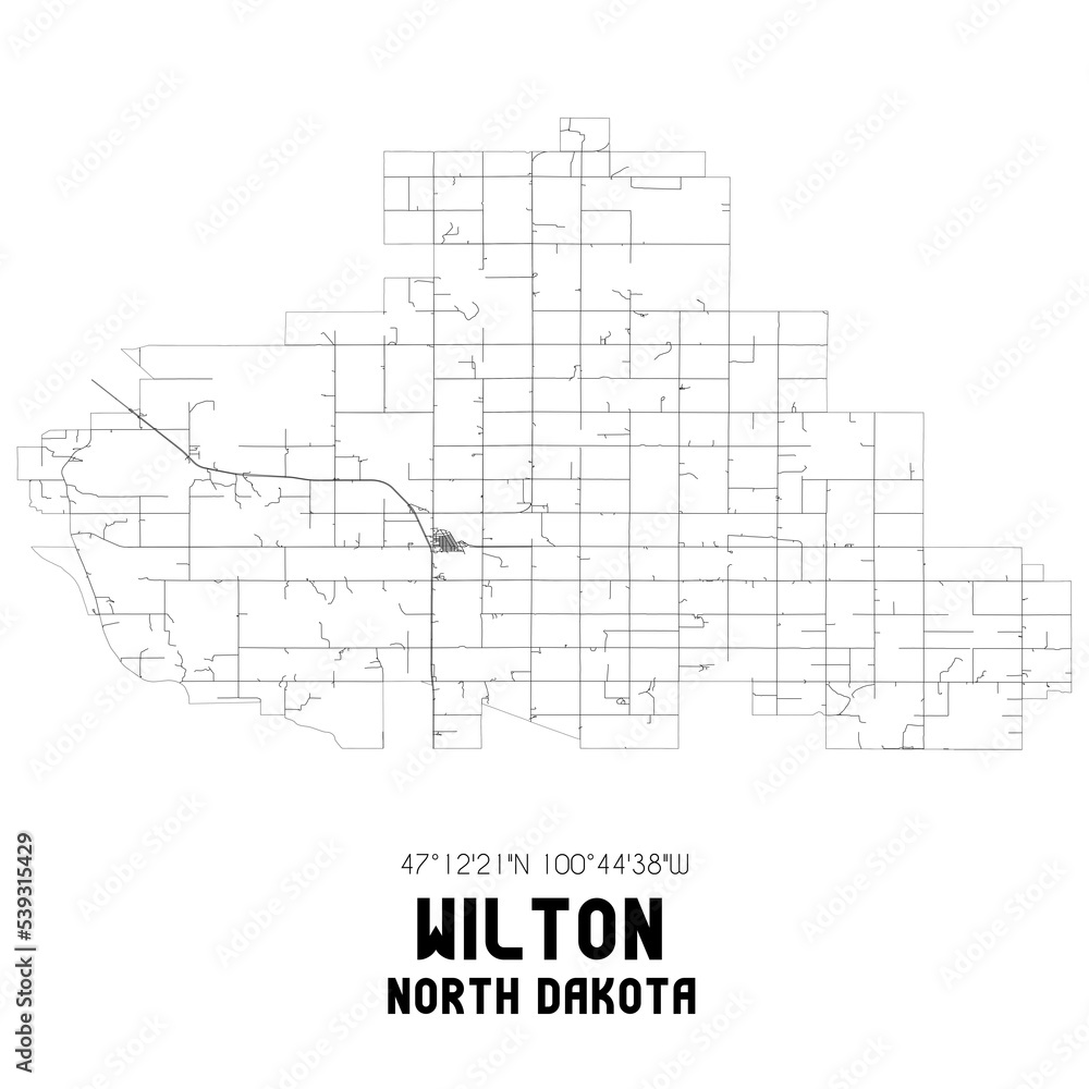 Wilton North Dakota. US street map with black and white lines.