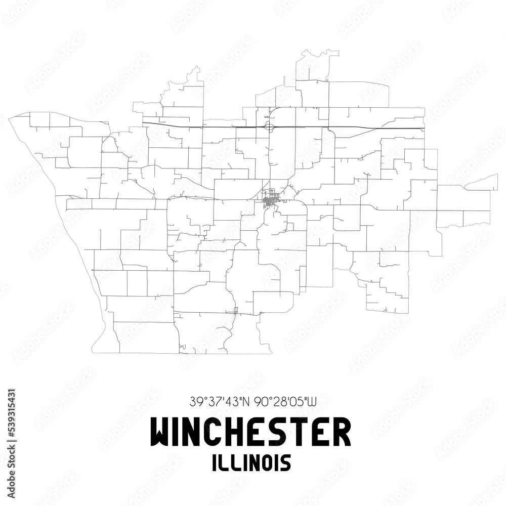 Winchester Illinois. US street map with black and white lines.