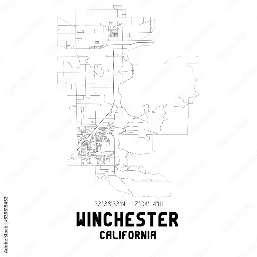 Winchester California. US street map with black and white lines.