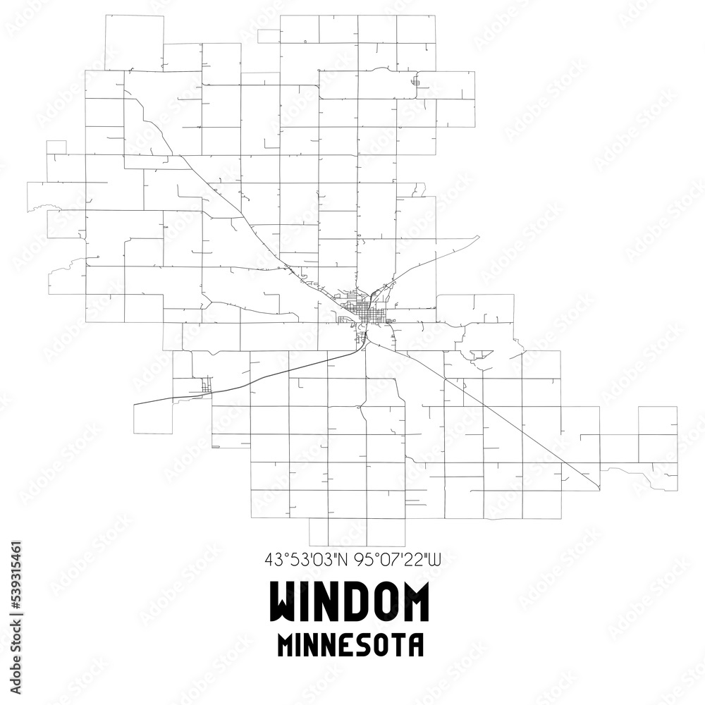 Windom Minnesota. US street map with black and white lines.