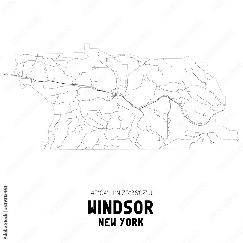 Windsor New York. US street map with black and white lines.