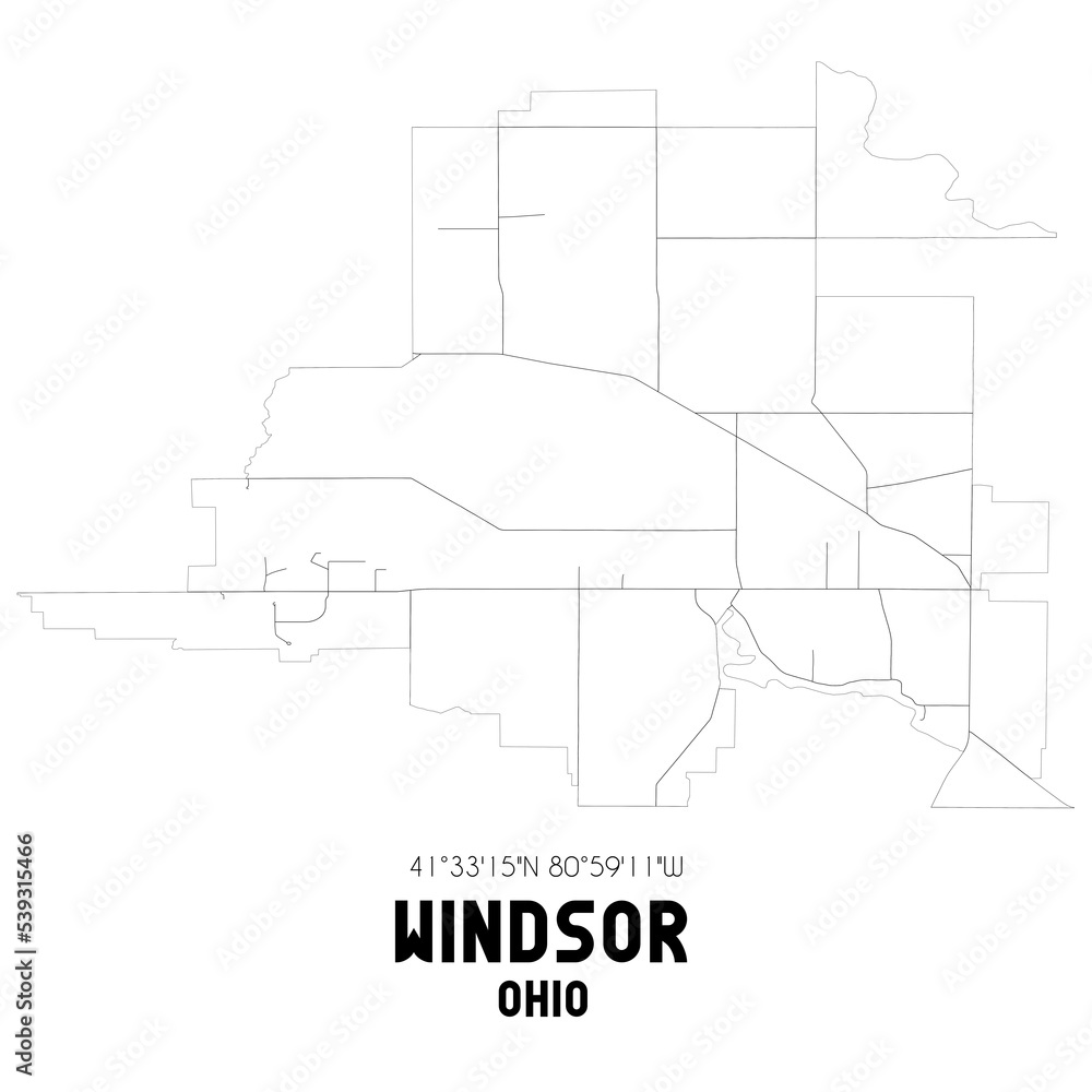 Windsor Ohio. US street map with black and white lines.