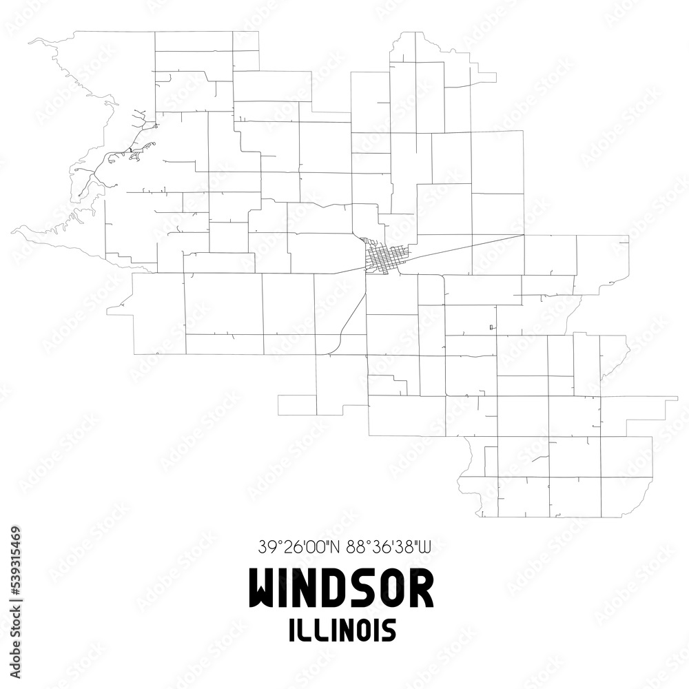 Windsor Illinois. US street map with black and white lines.