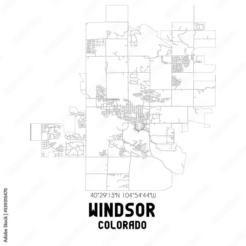 Windsor Colorado. US street map with black and white lines.